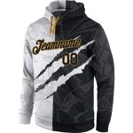 Custom Name and Number 3D Sports Hoodie - Black Old Gold Stitched Graffiti Pattern Pullover Sweatshirt Personalized Stitched