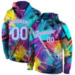 Custom 3D Sports Hoodie with Personalized Name & Number, Light Blue-Pink Stitched Graffiti Pattern Pullover Sweatshirt Personalized