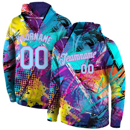 Custom 3D Sports Hoodie with Personalized Name & Number, Light Blue-Pink Stitched Graffiti Pattern Pullover Sweatshirt Personalized