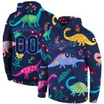 Custom 3D Dinosaur Hoodie with Personalized Name and Number, Navy-Light Blue Stitched Graffiti Pattern Pullover Sweatshirt