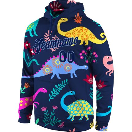 Custom 3D Dinosaur Hoodie with Personalized Name and Number, Navy-Light Blue Stitched Graffiti Pattern Pullover Sweatshirt