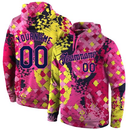 Custom Name Number 3D Hoodie - Personalized Navy Pink Stitched Graffiti Pattern Sports Pullover Sweatshirt Personalized Stitched