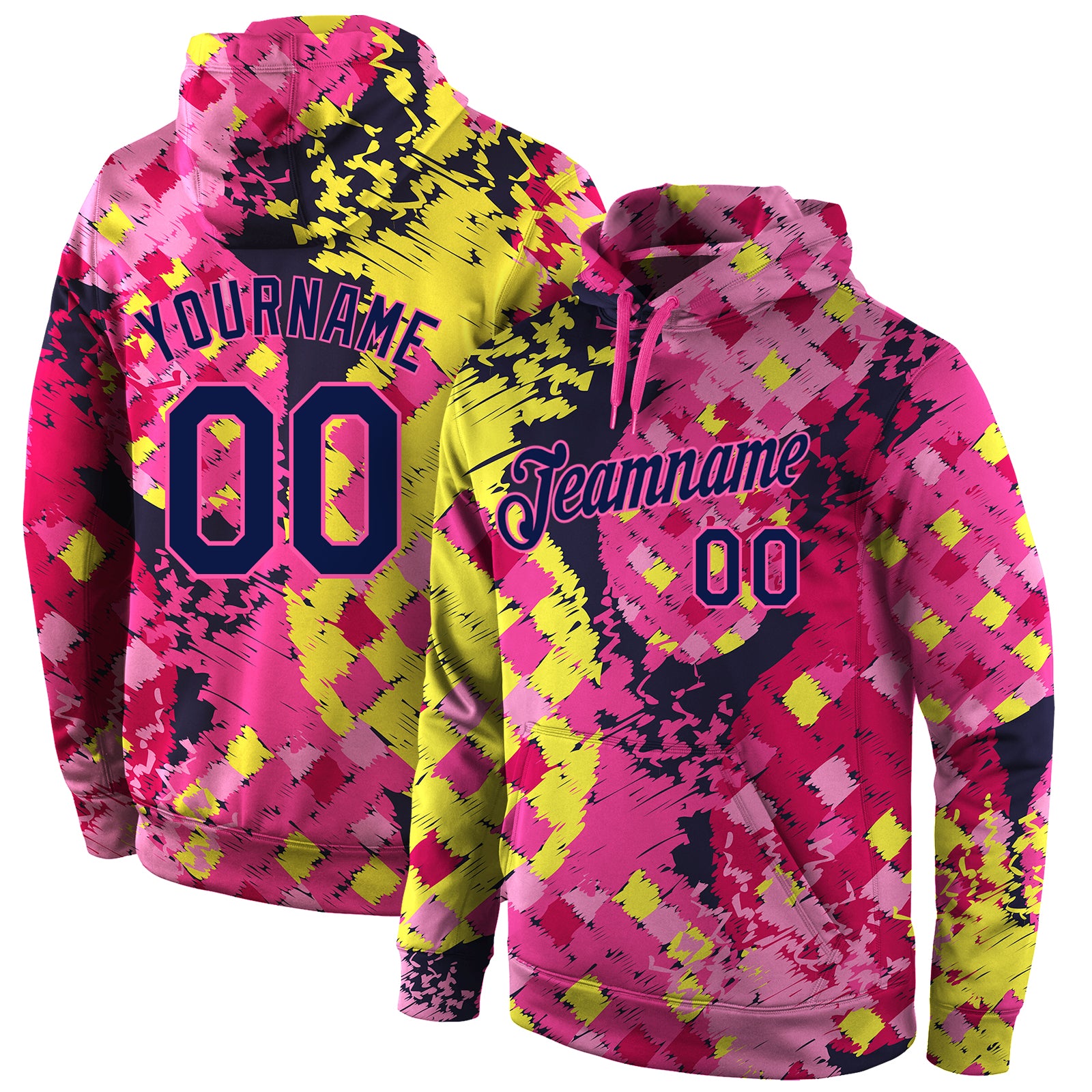 Custom Name Number 3D Hoodie - Personalized Navy Pink Stitched Graffiti Pattern Sports Pullover Sweatshirt Personalized Stitched