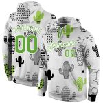 Custom Name Number Hoodie with 3D Cactus Design, Neon Green-White Stitched Graffiti Pattern Pullover Sweatshirt Personalized
