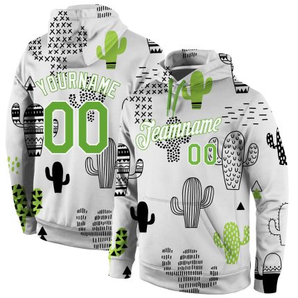 Custom Name Number Hoodie with 3D Cactus Design, Neon Green-White Stitched Graffiti Pattern Pullover Sweatshirt Personalized