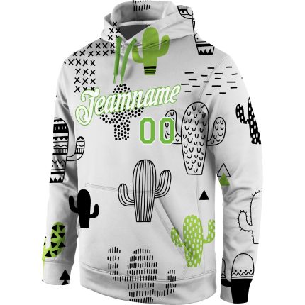Custom Name Number Hoodie with 3D Cactus Design, Neon Green-White Stitched Graffiti Pattern Pullover Sweatshirt Personalized