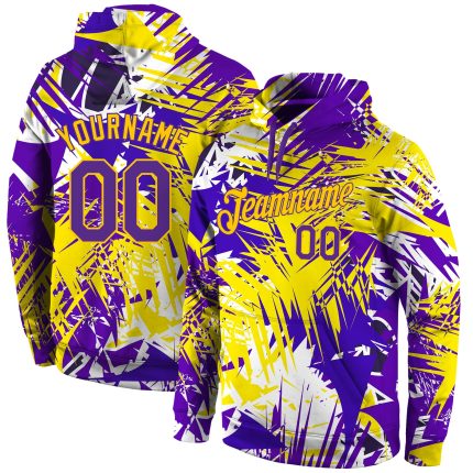 Custom Name and Number 3D Pullover Hoodie for Team - Personalized Purple-Gold Graffiti Pattern Sweatshirt Personalized Stitched