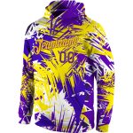 Custom Name and Number 3D Pullover Hoodie for Team - Personalized Purple-Gold Graffiti Pattern Sweatshirt Personalized Stitched