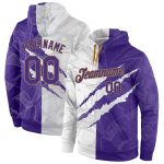 Personalized 3D Sports Hoodie with Custom Name & Number, Purple-Old Gold Stitched Graffiti Pattern Pullover Sweatshirt Personalized