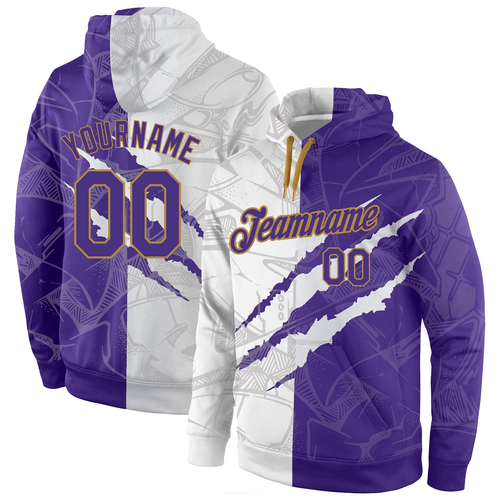 Personalized 3D Sports Hoodie with Custom Name & Number, Purple-Old Gold Stitched Graffiti Pattern Pullover Sweatshirt Personalized