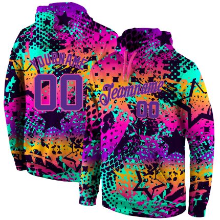 Custom Name Number 3D Sports Hoodie Pullover Sweatshirt in Purple-Pink Graffiti Pattern - Personalized Stitched Design Personalized