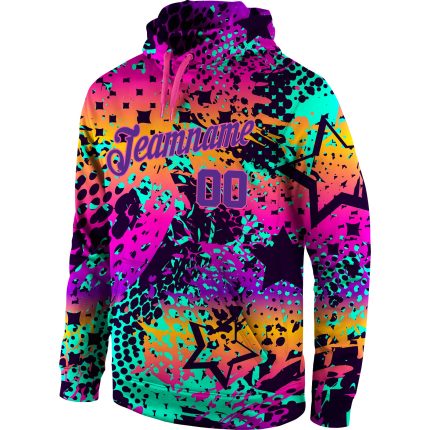 Custom Name Number 3D Sports Hoodie Pullover Sweatshirt in Purple-Pink Graffiti Pattern - Personalized Stitched Design Personalized