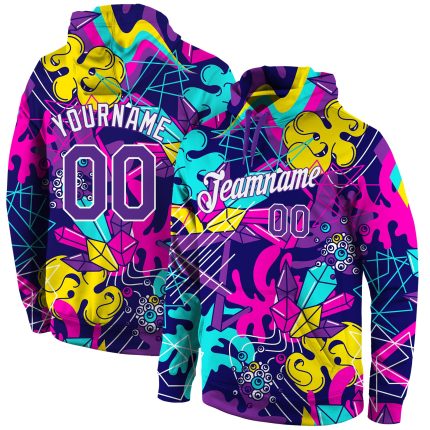 3D Sports Hoodie Pullover with Personalized Stitched Graffiti Pattern in Purple and White Personalized Stitched Graffiti