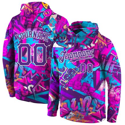 Custom Name and Number 3D Sports Hoodie with Personalized Stitched Graffiti Pattern in Purple and White - Sweatshirt Personalized