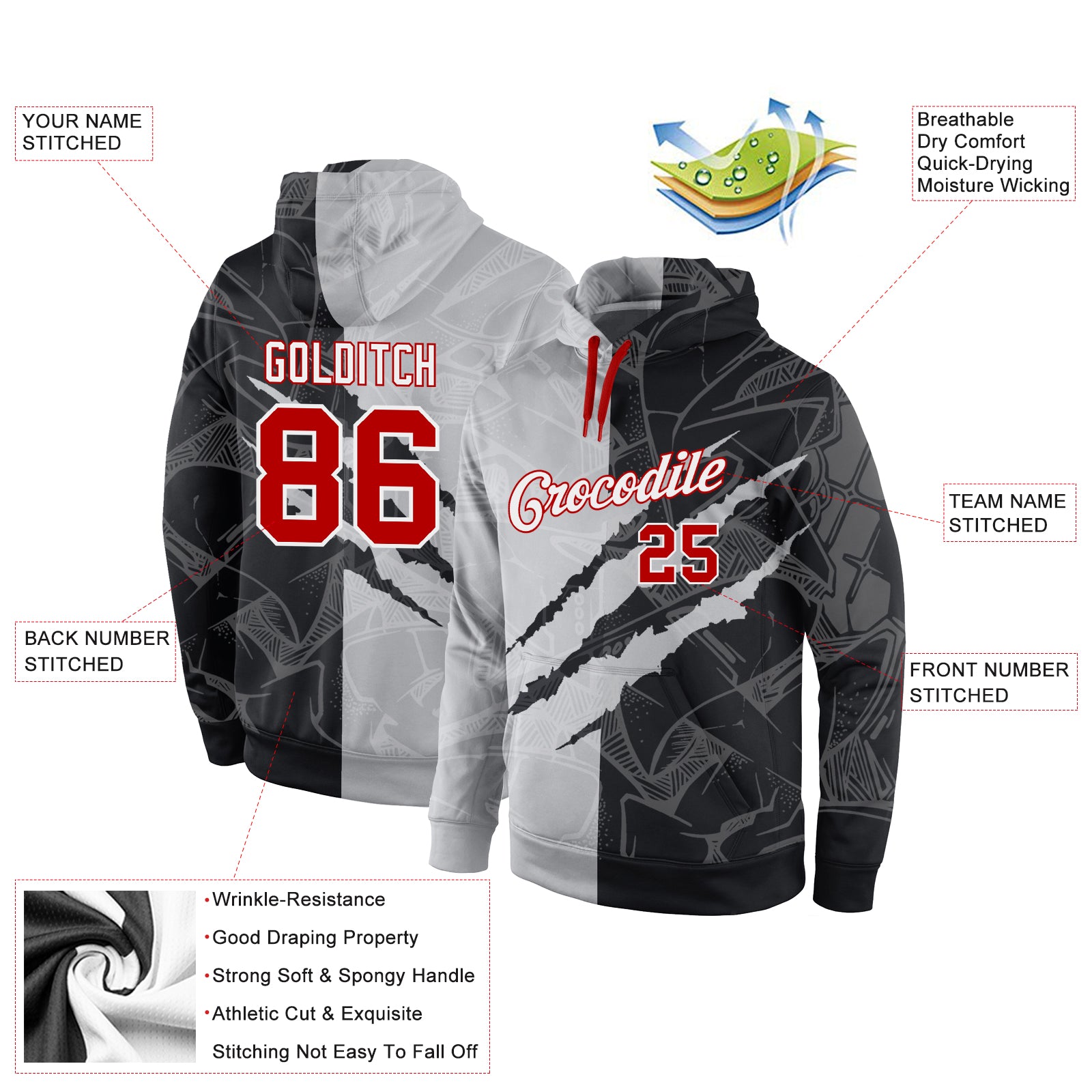 Personalized Stitched Graffiti Pattern Red-White 3D Sports Pullover Sweatshirt Hoodie Team Custom Name and Number Custom Name Number Hoodie 3D Sweatshirt Graffiti Pattern Red White for Sports Team Personalized Pullover Personalized Stitched - Image 2