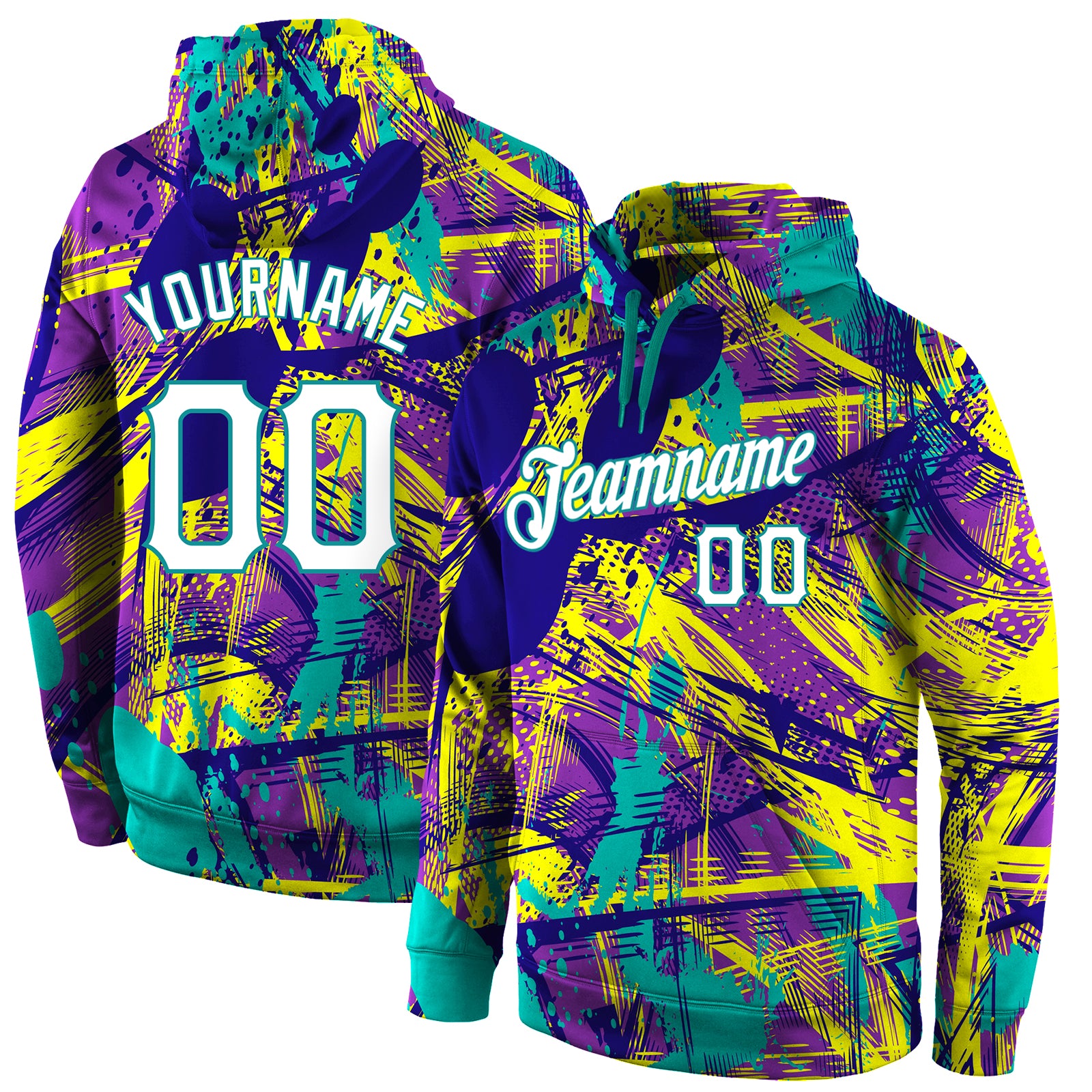 Personalized Graffiti Pattern 3D Hoodie White Aqua Pullover Sweatshirt Personalized Stitched Graffiti Pattern White-Aqua
