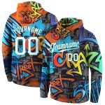 Custom Name and Number Hoodie - 3D Sports Sweatshirt with Personalized Stitched Graffiti Pattern in White-Aqua Personalized