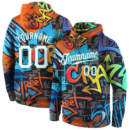 Custom Name and Number Hoodie - 3D Sports Sweatshirt with Personalized Stitched Graffiti Pattern in White-Aqua Personalized