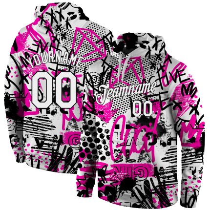 Custom Name Number Hoodie 3D Sports Pullover Sweatshirt in White-Black with Personalized Stitched Graffiti Pattern Personalized