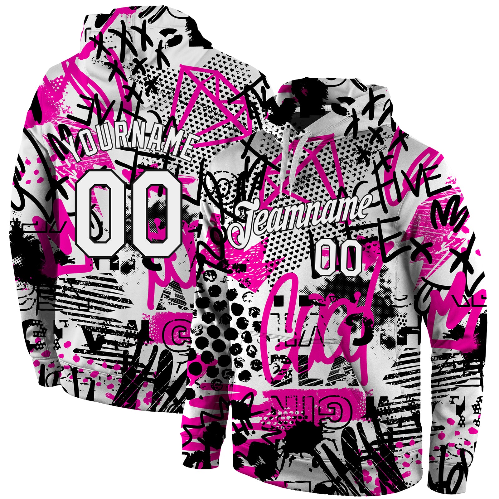 Custom Name Number Hoodie 3D Sports Pullover Sweatshirt in White-Black with Personalized Stitched Graffiti Pattern Personalized
