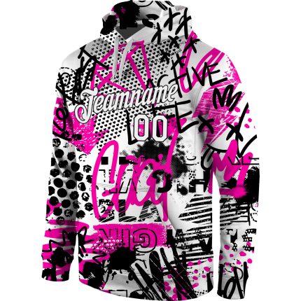 Custom Name Number Hoodie 3D Sports Pullover Sweatshirt in White-Black with Personalized Stitched Graffiti Pattern Personalized