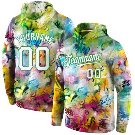 Custom Name & Number 3D Sports Hoodie - White & Kelly Green Stitched Graffiti Pattern Sweatshirt Pullover Personalized Stitched