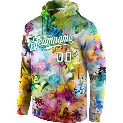 Custom Name & Number 3D Sports Hoodie - White & Kelly Green Stitched Graffiti Pattern Sweatshirt Pullover Personalized Stitched