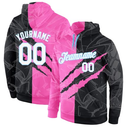 Custom Name & Number 3D Hoodie, Personalized White-Light Blue Sports Sweatshirt with Stitched Graffiti Pattern Personalized