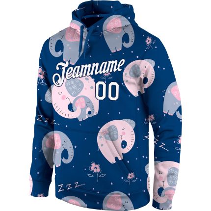 Custom Name & Number 3D Elephant Hoodie, Personalized Stitched Graffiti Pattern White Navy Sports Pullover Sweatshirt Personalized