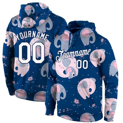Custom Name & Number 3D Elephant Hoodie, Personalized Stitched Graffiti Pattern White Navy Sports Pullover Sweatshirt Personalized
