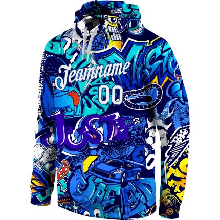 Custom Name & Number 3D Sports Hoodie - Personalized White-Royal Stitched Graffiti Pattern Pullover Sweatshirt Personalized