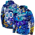 Custom Name & Number 3D Sports Hoodie - Personalized White-Royal Stitched Graffiti Pattern Pullover Sweatshirt Personalized
