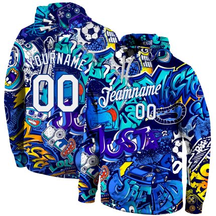 Custom Name & Number 3D Sports Hoodie - Personalized White-Royal Stitched Graffiti Pattern Pullover Sweatshirt Personalized