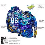 Custom Name & Number 3D Sports Hoodie - Personalized White-Royal Stitched Graffiti Pattern Pullover Sweatshirt Personalized