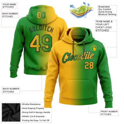 Custom Name Number Sports Hoodie - Grass Green Gold Black Gradient Pullover Sweatshirt Personalized Stitched Grass Green