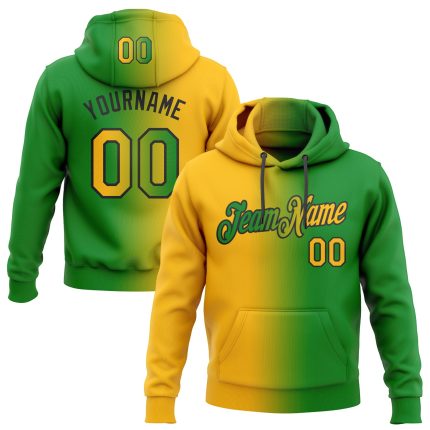 Custom Name Number Sports Hoodie - Grass Green Gold Black Gradient Pullover Sweatshirt Personalized Stitched Grass Green