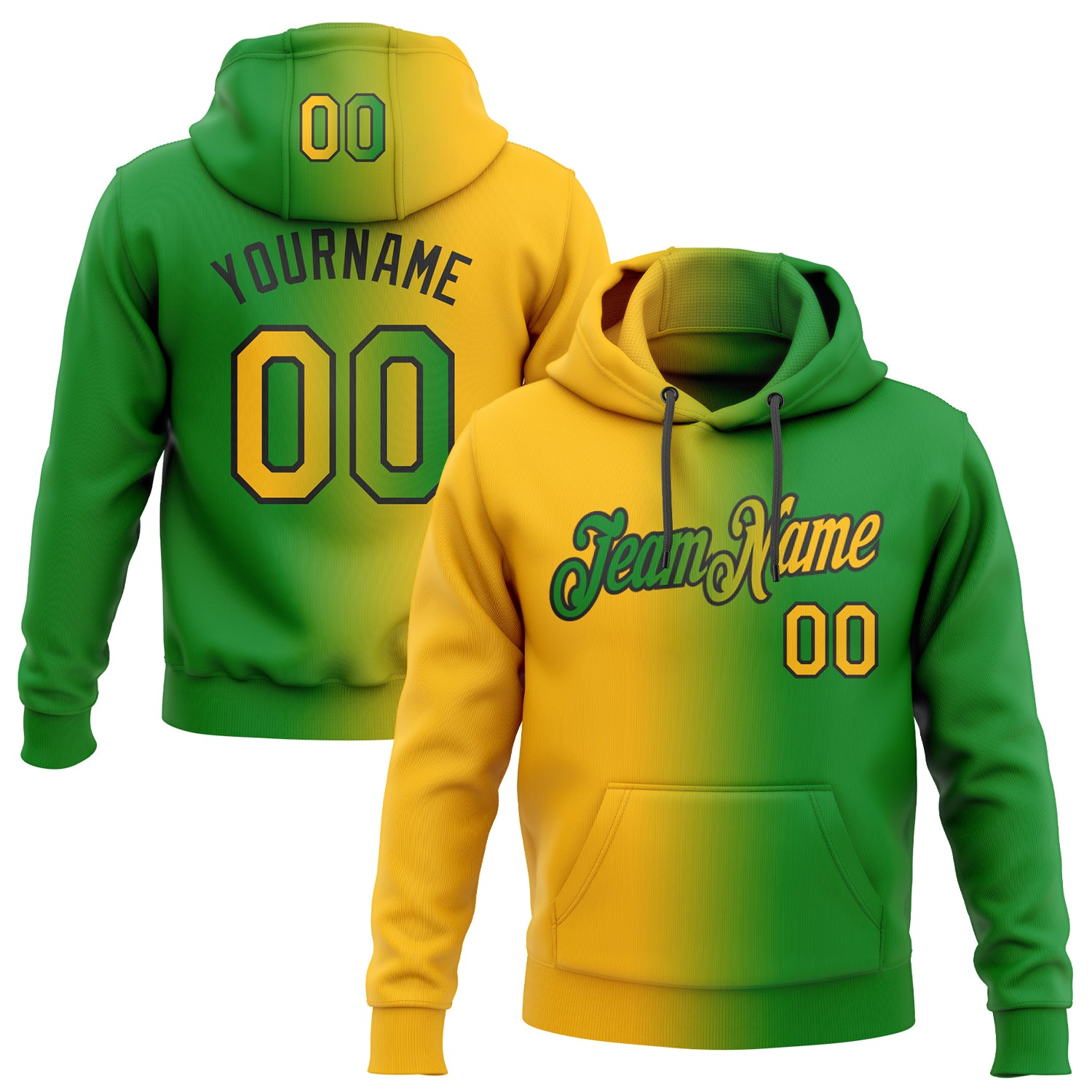 Custom Name Number Sports Hoodie - Grass Green Gold Black Gradient Pullover Sweatshirt Personalized Stitched Grass Green
