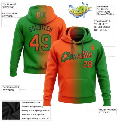 Custom Sports Hoodie with Personalized Name & Number - Grass Green Orange-Black Gradient Pullover Sweatshirt Personalized