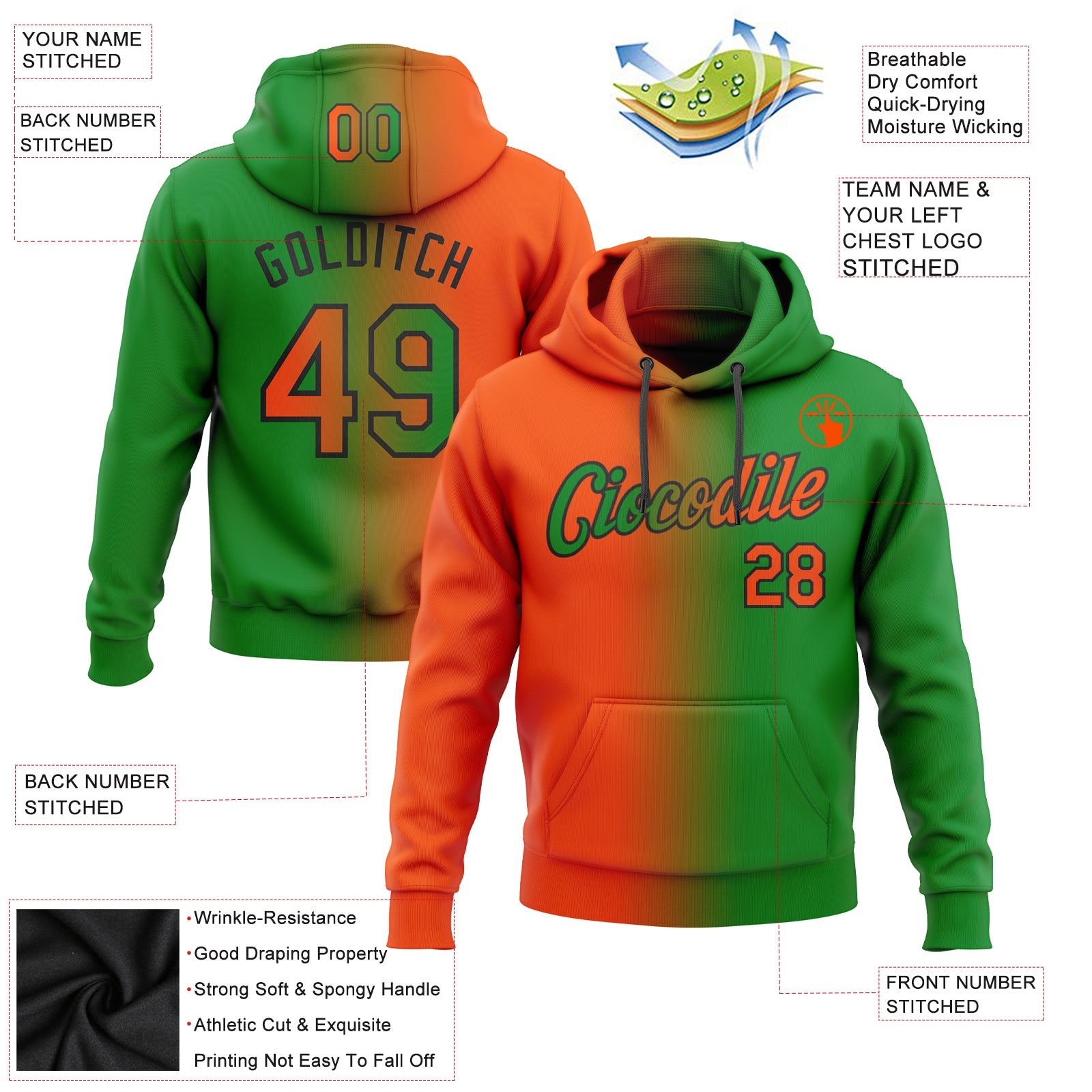 Personalized Stitched Grass Green Orange-Black Gradient Fashion Sports Pullover Sweatshirt Hoodie Team Custom Name and Number Custom Sports Hoodie with Personalized Name & Number - Grass Green Orange-Black Gradient Pullover Sweatshirt Personalized - Image 2