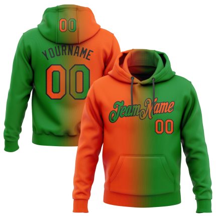Custom Sports Hoodie with Personalized Name & Number - Grass Green Orange-Black Gradient Pullover Sweatshirt Personalized