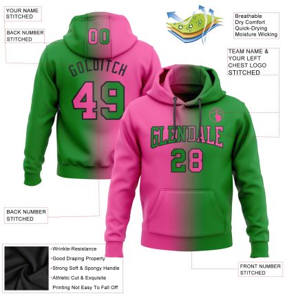 Custom Name and Number Pullover Hoodie for Sports, Stitched Grass Green Pink-Black Gradient Fashion Sweatshirt Personalized