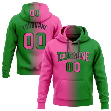 Custom Name and Number Pullover Hoodie for Sports, Stitched Grass Green Pink-Black Gradient Fashion Sweatshirt Personalized