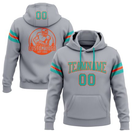 Custom Name and Number Football Hoodie Sweatshirt in Gray Aqua-Orange - Personalized Stitched Team Apparel Personalized Stitched