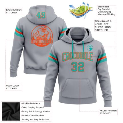 Custom Name and Number Football Hoodie Sweatshirt in Gray Aqua-Orange - Personalized Stitched Team Apparel Personalized Stitched