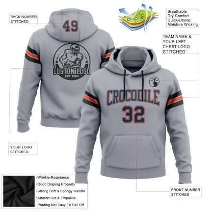 Custom Team Name Number Football Pullover Hoodie Sweatshirt Gray Black Electric Blue Orange Stitched Design Personalized