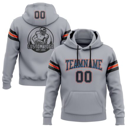 Custom Team Name Number Football Pullover Hoodie Sweatshirt Gray Black Electric Blue Orange Stitched Design Personalized