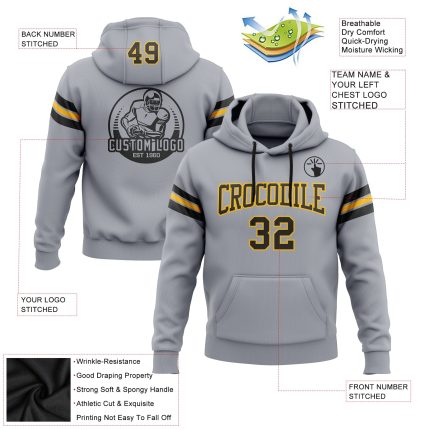 Custom Name Number Gray Black-Gold Football Hoodie Personalized Stitched Pullover Sweatshirt for Team Spirit Personalized
