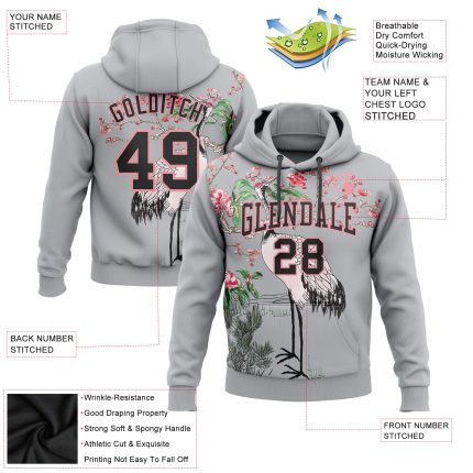 Custom Name and Number Sports Hoodie with 3D Gray Black Medium Pink Heron Flower Design - Personalized Pullover Sweatshirt