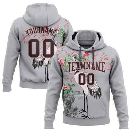 Custom Name and Number Sports Hoodie with 3D Gray Black Medium Pink Heron Flower Design - Personalized Pullover Sweatshirt