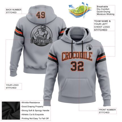 Custom Team Name Number Hoodie Football Pullover Sweatshirt Gray Black Orange Stitched Personalized Stitched Gray Black-Orange